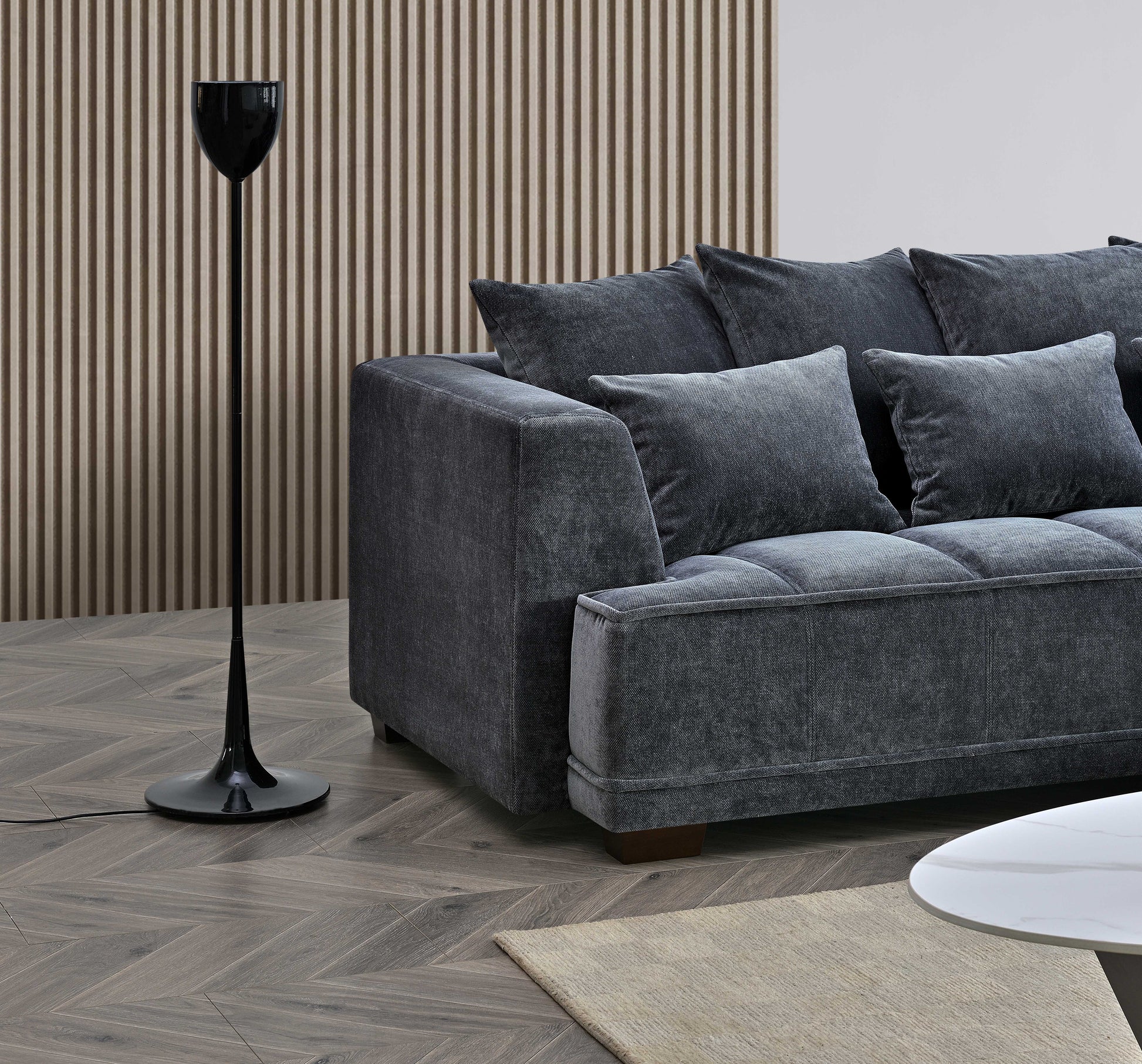 Shop the Aluxo Gramercy Corner Sofa in Steel Velvet, featuring block stitched seat cushions and stunning steel-coloured mermaid fabric for a modern luxury with timeless opulence. Shop online today at www.nobleandnook.co.uk
