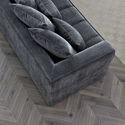 Shop the Aluxo Gramercy Corner Sofa in Steel Velvet, featuring block stitched seat cushions and stunning steel-coloured mermaid fabric for a modern luxury with timeless opulence. Shop online today at www.nobleandnook.co.uk