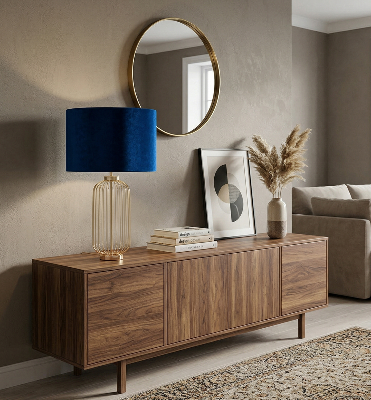 Modern living room with wooden sideboard, blue lamp, mirror, and decor items.
