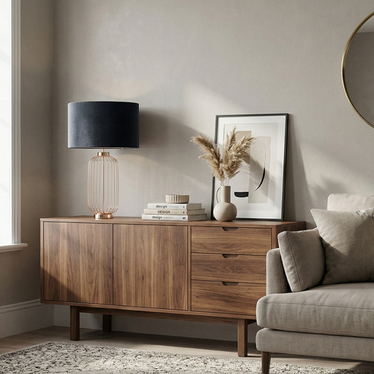 Modern living room with wooden sideboard, gray sofa, and decorative items.