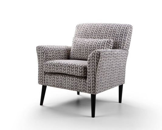 Shop the Warnborough Club Chair in stunning grey patterned fabric and a sleek birch frame and black painted legs by D.I. Designs. FREE UK MAINLAND DELIVERY. Shop online now at www.nobleandnook.co.uk