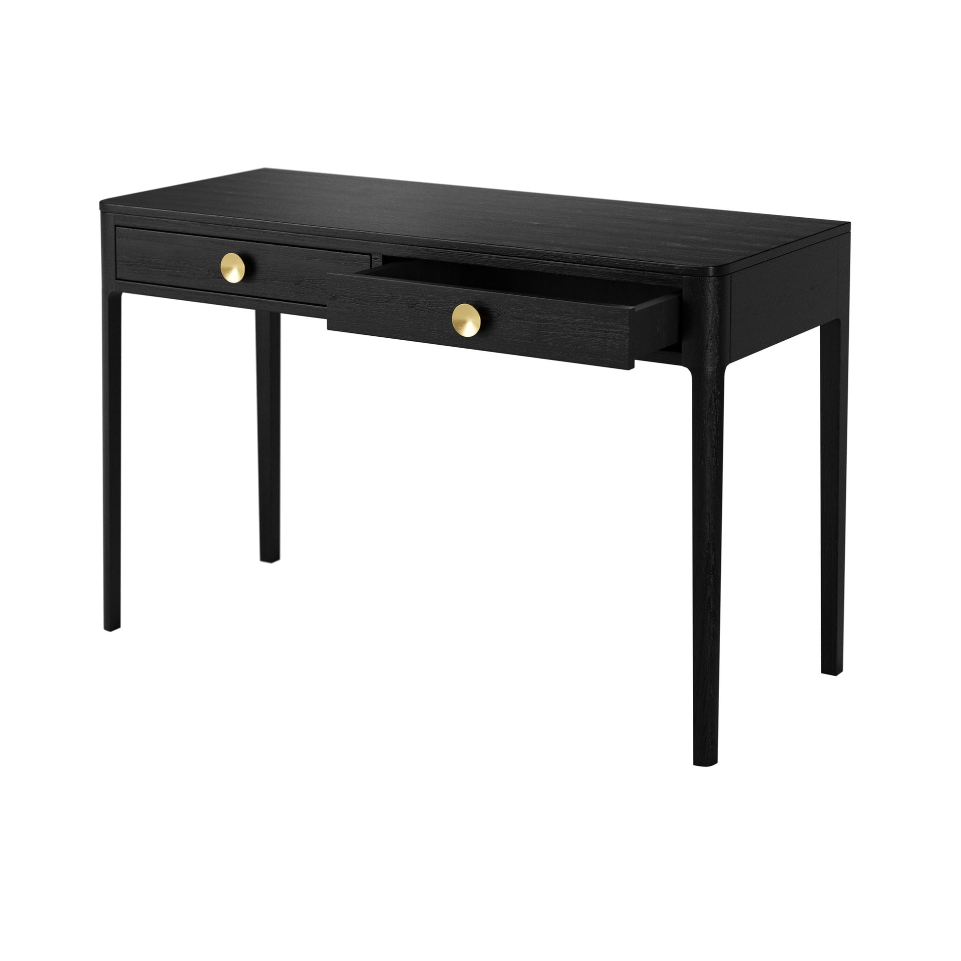 Shop the Abberley Dressing Table in stunning black stained solid oak. Keep organised with two drawers and admire the visible grain. Shop online today at www.nobleandnook.co.uk