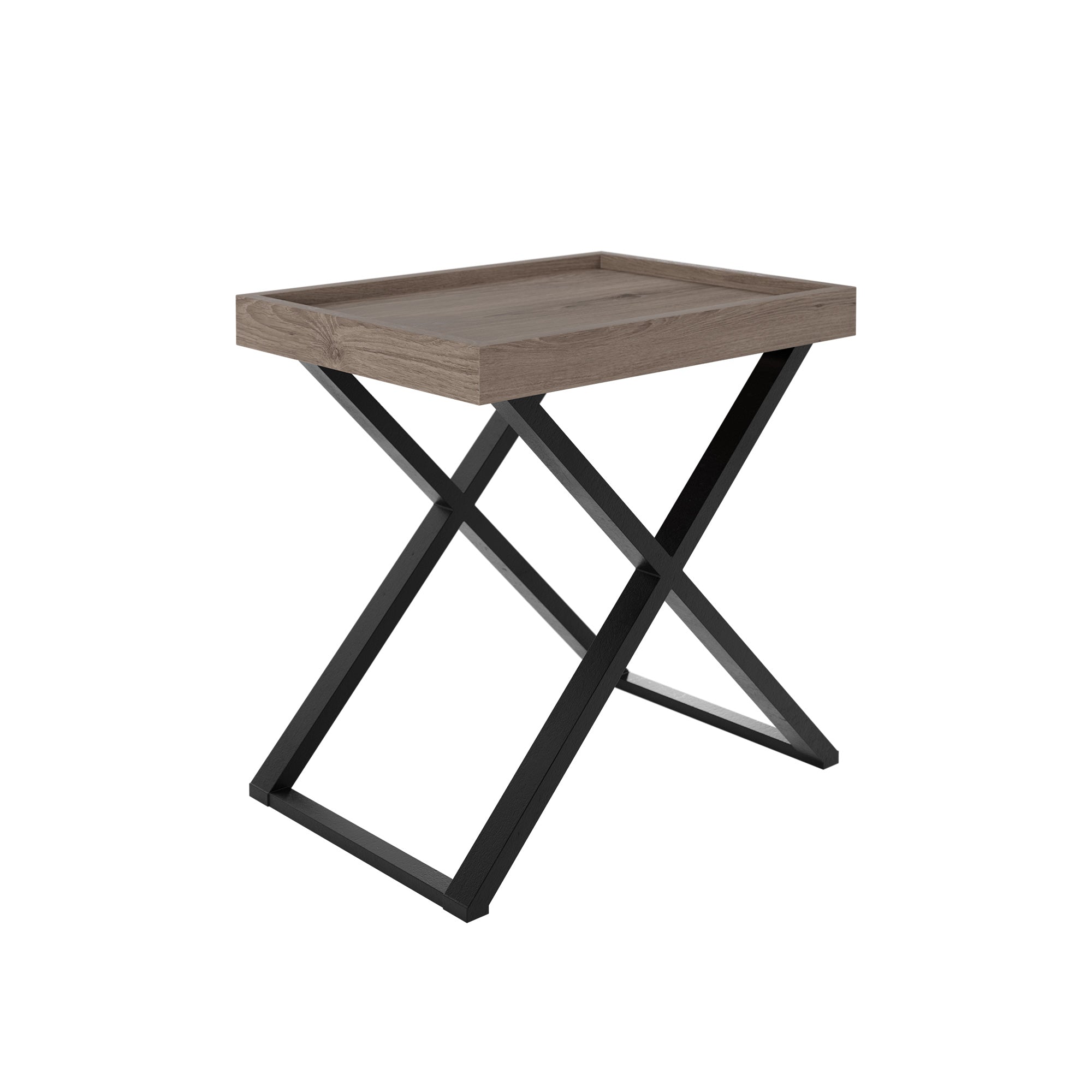 Rectangular end table in aged oak with crossed black metal legs and visible grain. Add a touch of elegance and modernity to any room. Shop online today at www.nobleandnook.co.uk