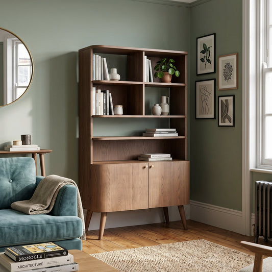 A mid-century modern wooden bookcase with open shelves and two cabinet doors stands in a styled living room with sage green walls, a teal sofa, and framed wall art.
