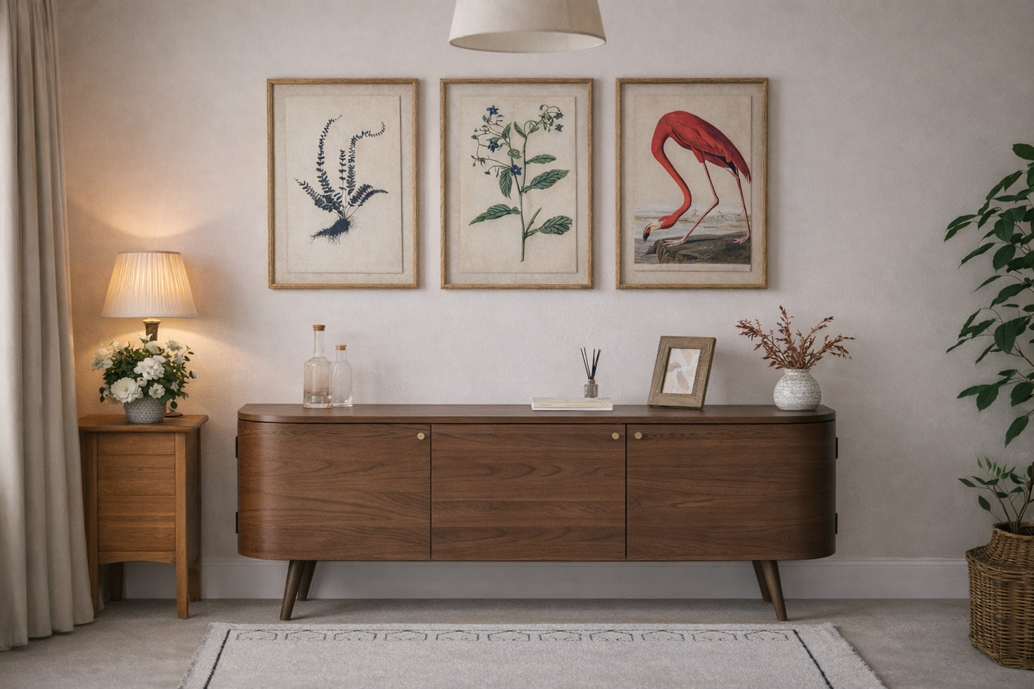 Wooden sideboard in a room with framed botanical artwork and decorative items.