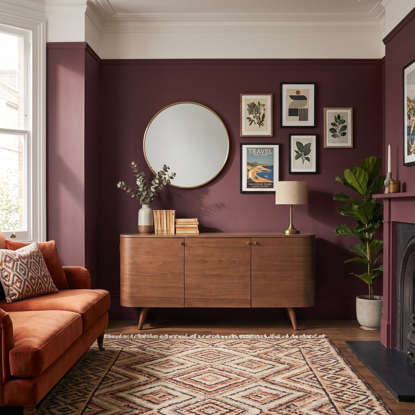 A styled living room corner with deep plum purple walls, a mid-century wooden sideboard, a round mirror, framed botanical prints, an orange sofa, and a patterned rug.
