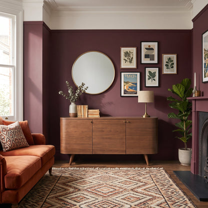 A styled living room corner with deep plum purple walls, a mid-century wooden sideboard, a round mirror, framed botanical prints, an orange sofa, and a patterned rug.