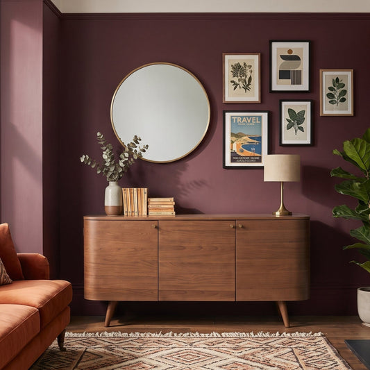 A styled living room corner with deep plum purple walls, a mid-century wooden sideboard, a round mirror, framed botanical prints, an orange sofa, and a patterned rug.