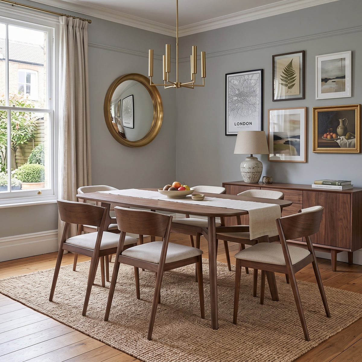 A mid-century modern dining room set featuring a rectangular wooden dining table and six matching chairs with cream upholstered seats, arranged on a woven jute rug in a styled dining room.