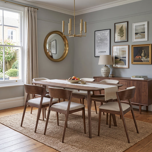 A mid-century modern dining room set featuring a rectangular wooden dining table and six matching chairs with cream upholstered seats, arranged on a woven jute rug in a styled dining room.