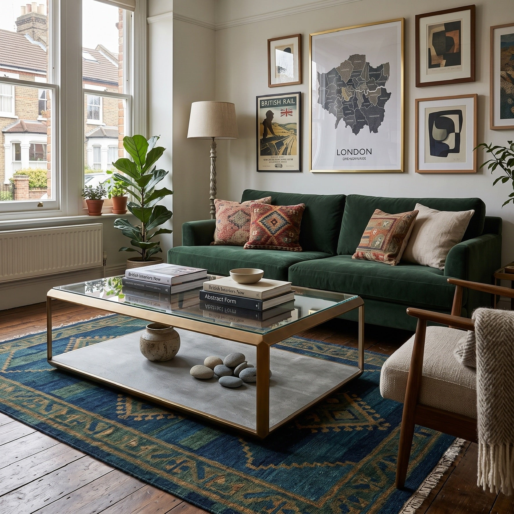 A styled living room featuring a deep green velvet sofa with patterned and neutral throw pillows, a glass-top coffee table with a gold frame on a blue rug, and framed art on the wall.
