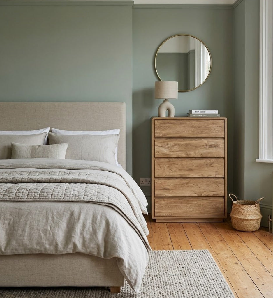 Neatly arranged bedroom with a bed, dresser, and window.