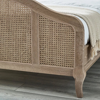 Shop the Château Rattan Bed in Light Oak, featuring an arched headboard and footboard with intricate rattan panelling. Free UK Mainland Delivery. Shop online todat at www.nobleandnook.co.uk