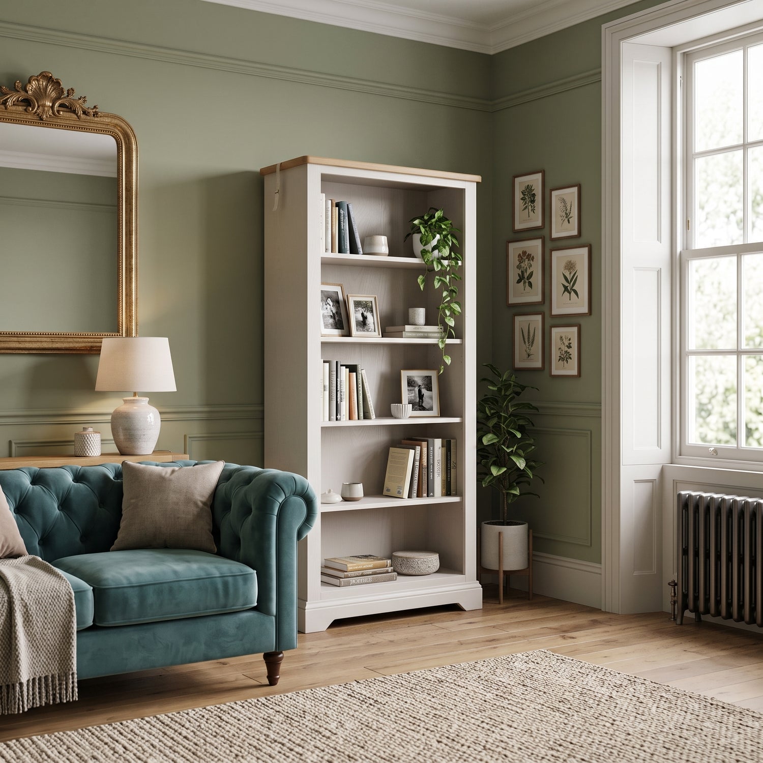 A tall white bookcase with light wood trim stands in a styled living room corner with sage green walls, a teal sofa, framed botanical prints, and a window.