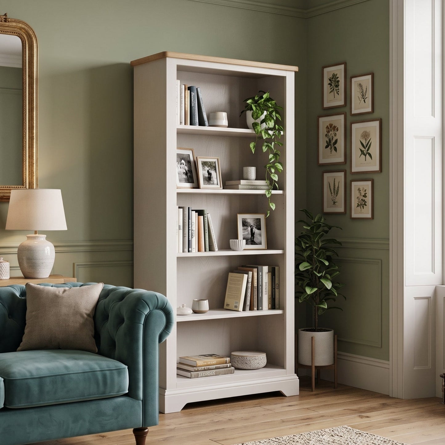 A tall white bookcase with light wood trim stands in a styled living room corner with sage green walls, a teal sofa, framed botanical prints, and a window.