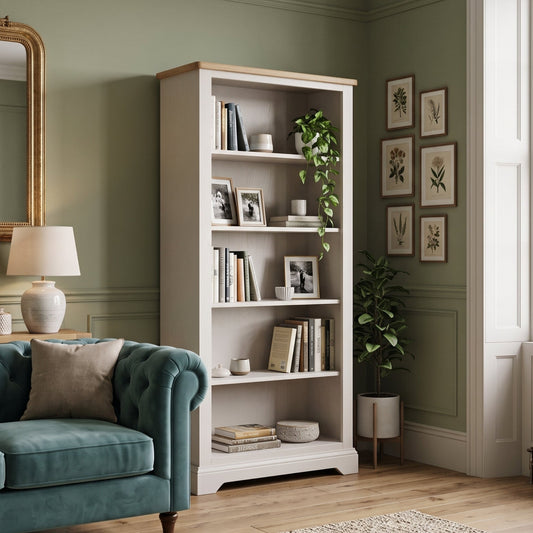 A tall white bookcase with light wood trim stands in a styled living room corner with sage green walls, a teal sofa, framed botanical prints, and a window.