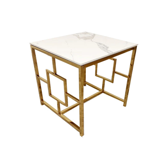 Modern Art Deco Styling – Gold Lamp Table with Polar White Sintered Top – a contemporary piece that blends bold design with practical use. W55xD55xH55cm. Shop online today at www.nobleandnook.co.uk
