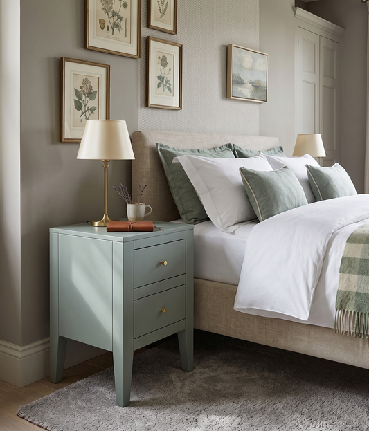 Neatly made bed with white bedding and green plaid blanket in a bedroom setting.
