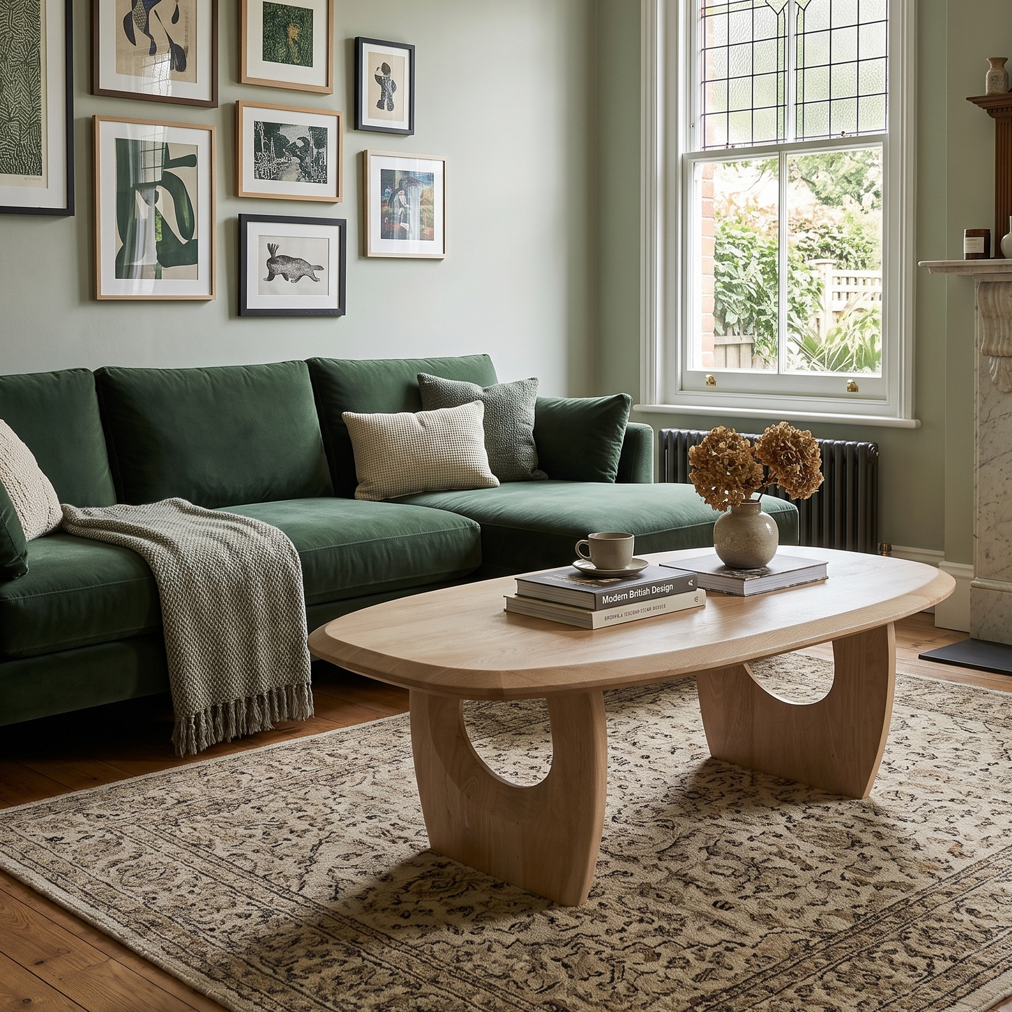 A styled living room featuring a dark green velvet sofa, a light wood coffee table, a patterned area rug, and a fireplace in the background.