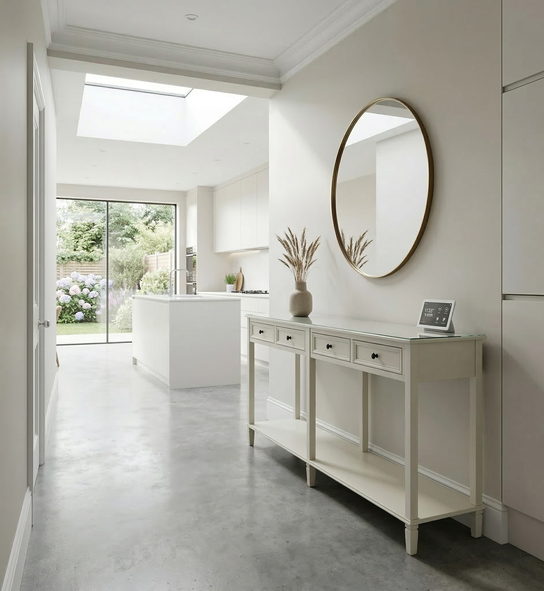 Modern interior with a round mirror on a wall, a console table, and a view of a garden.