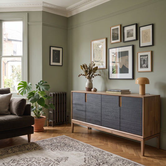A mid-century modern wooden sideboard cabinet with dark gray textured doors is styled in a living room with sage green walls, framed art, a potted plant, and a patterned rug.