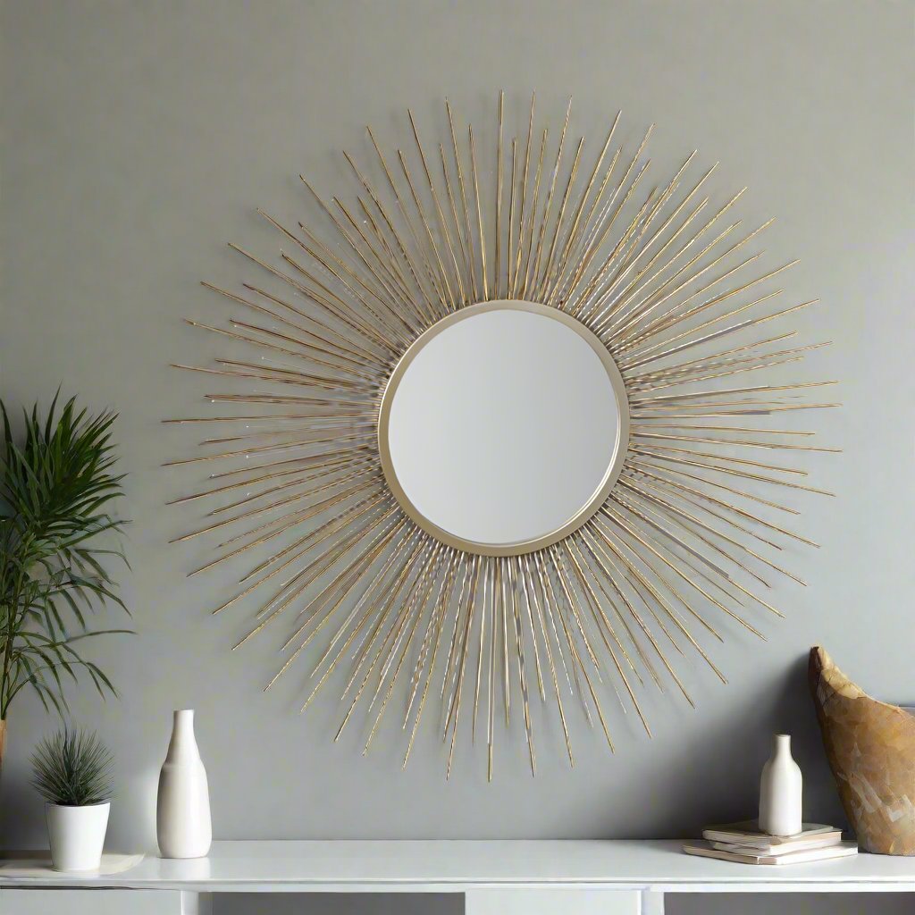 Shop Now and add a touch of daring to your homShop Now and add a touch of daring to your home with this flamboyant Gold Metal Starburst Design Round Wall Mirror. Shop online now at www.nobleandnook.co.uke with this flamboyant Gold Metal Starburst Design Round Wall Mirror. FREE UK MAINLAND DELIVERY on orders over £100. Shop online now at www.nobleandnook.co.uk