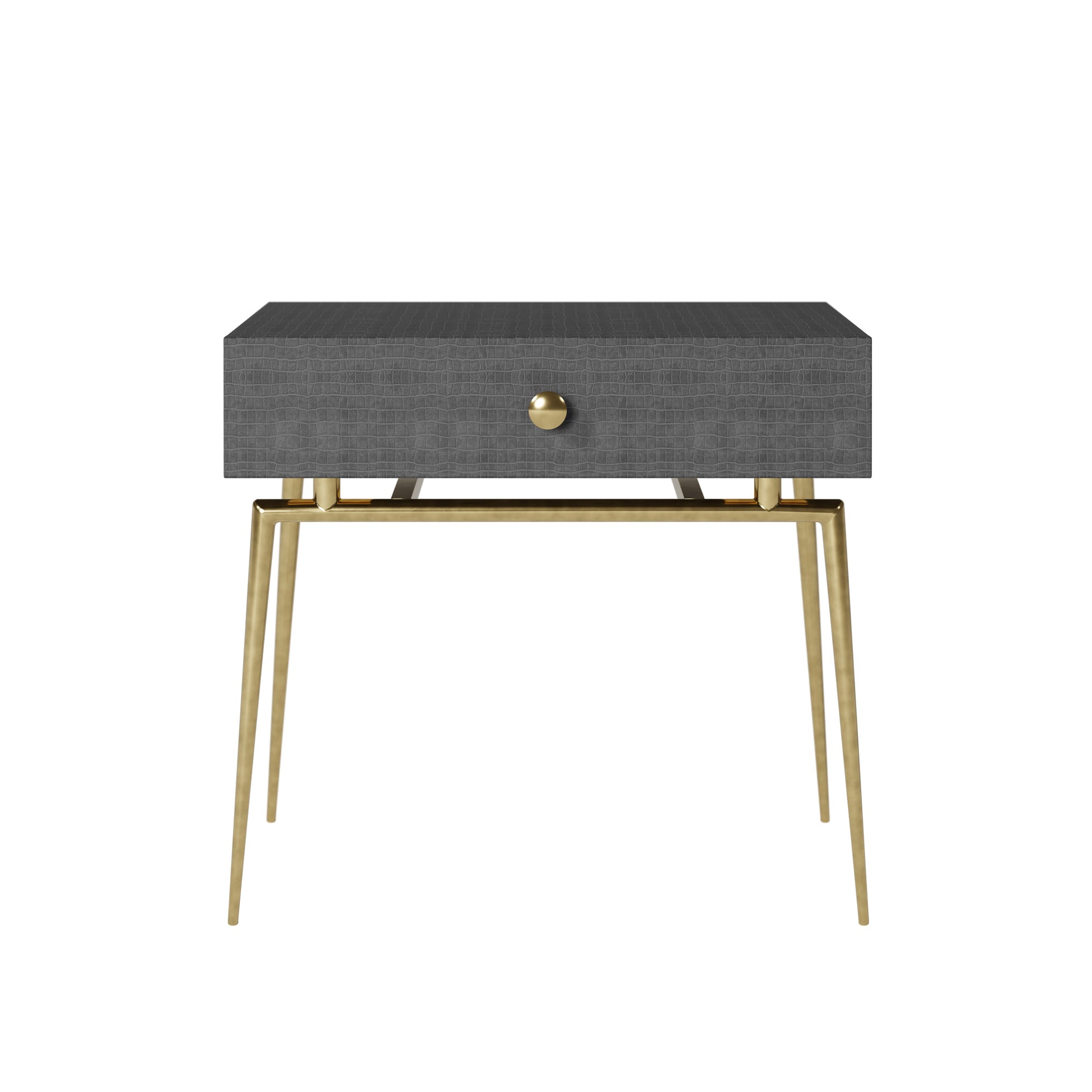 Shop the Greyshott 1 Drawer Bedside Table in a dark grey crocodile finish and gold legs by D.I. Designs. FREE UK Mainland Delivery. Shop online today at www.nobleandnook.co.uk