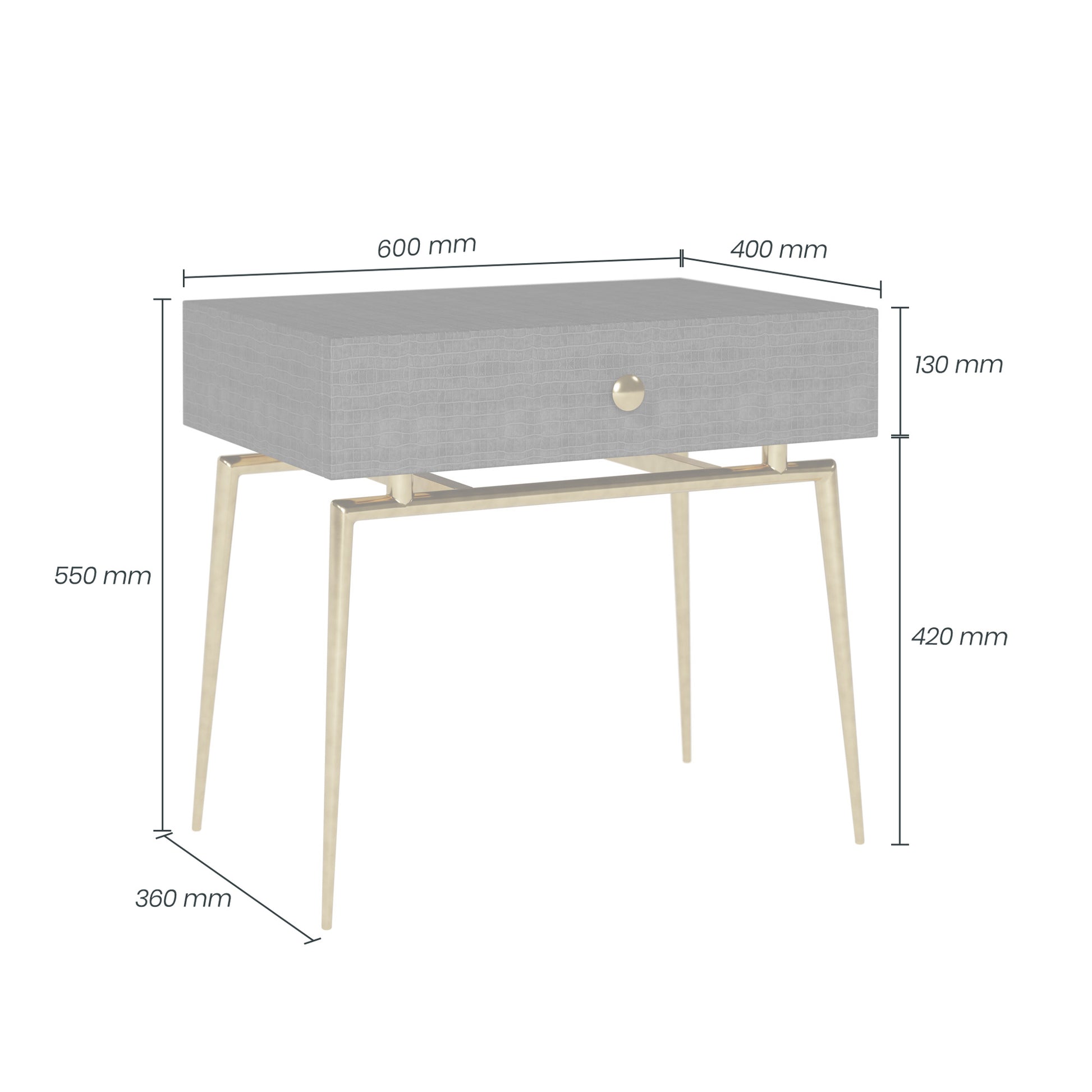 Shop the Greyshott 1 Drawer Bedside Table in a dark grey crocodile finish and gold legs by D.I. Designs. FREE UK Mainland Delivery. Shop online today at www.nobleandnook.co.uk