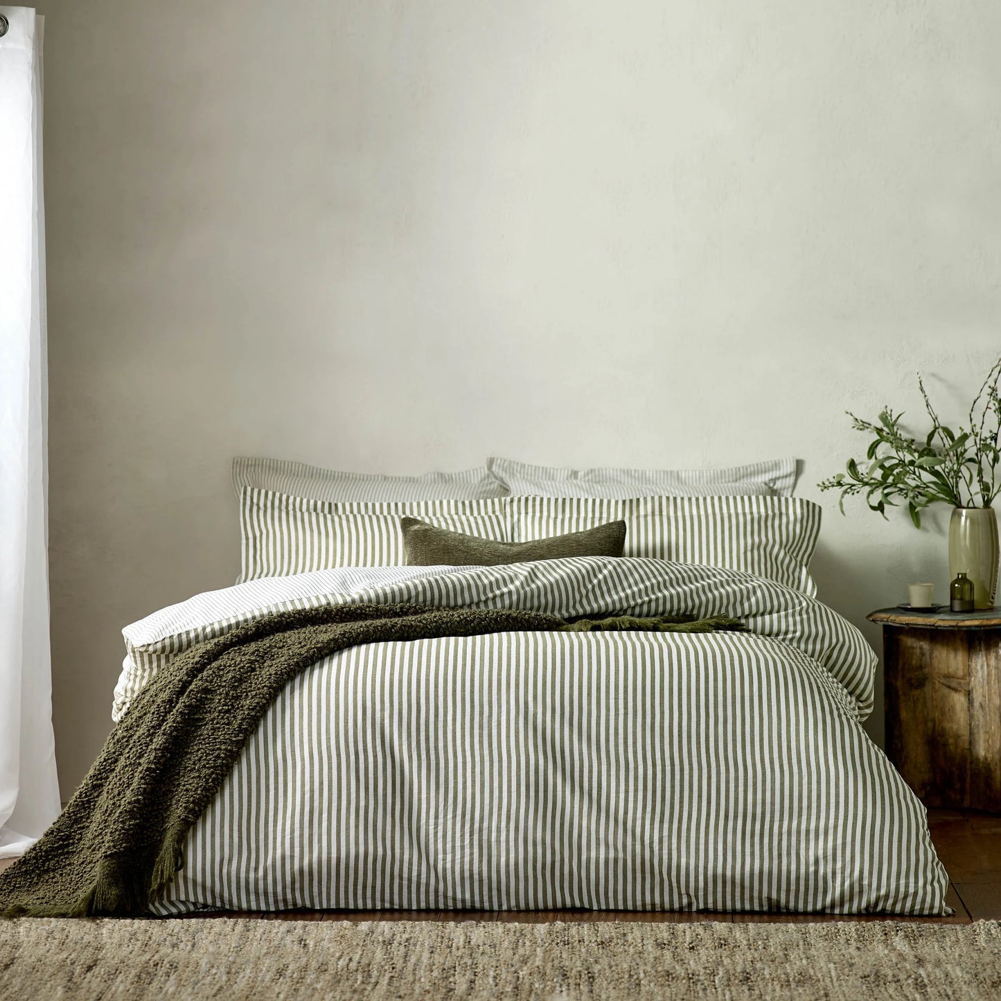 Hebden Mélange Stripe 100% Cotton Duvet Cover Set Olive - Contemporary Style and Everyday Comfort
