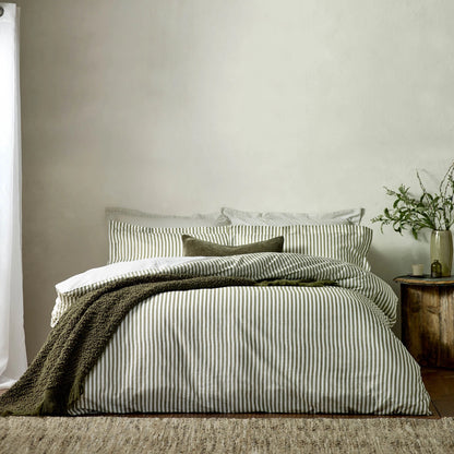Hebden Mélange Stripe 100% Cotton Duvet Cover Set Olive - Contemporary Style and Everyday Comfort