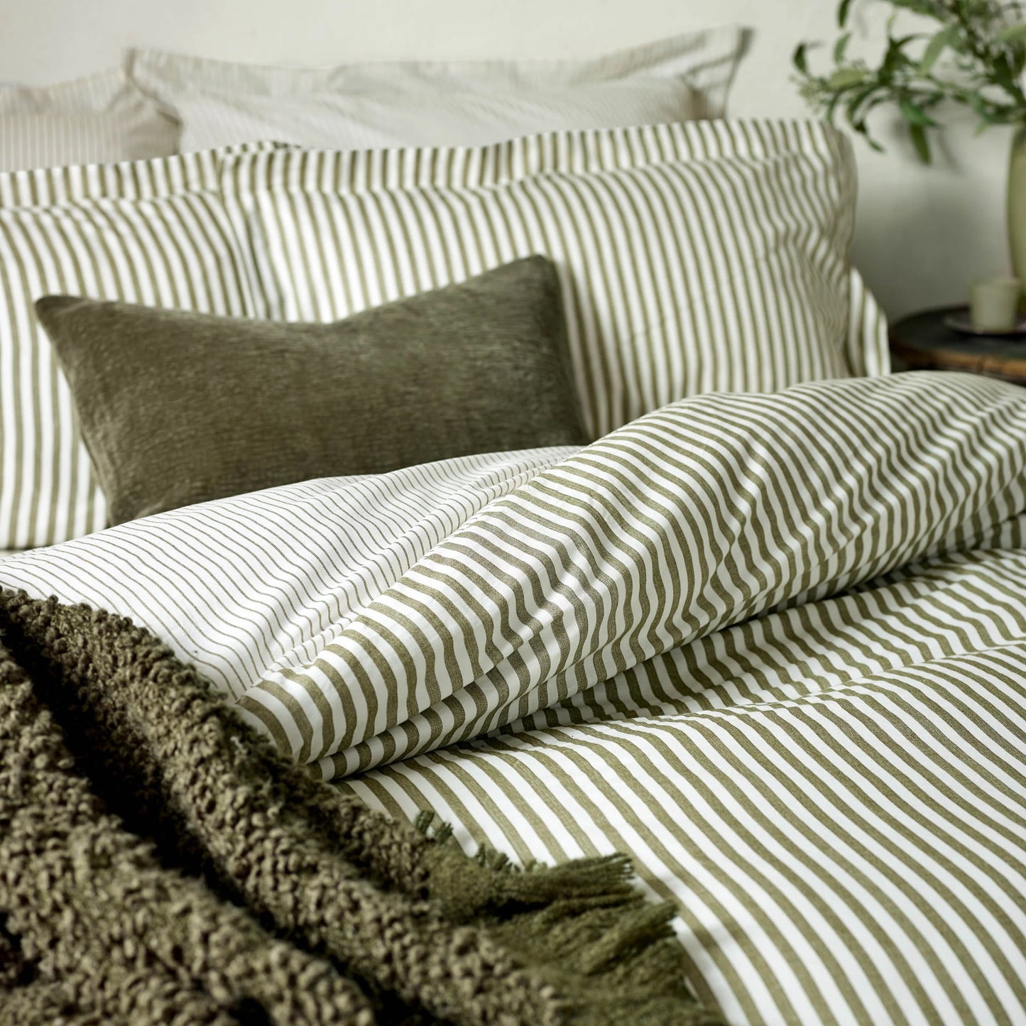 Hebden Mélange Stripe 100% Cotton Duvet Cover Set Olive - Contemporary Style and Everyday Comfort
