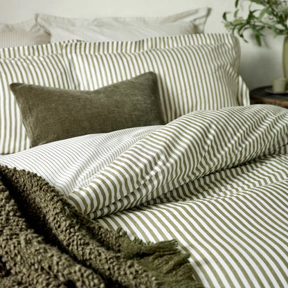 Hebden Mélange Stripe 100% Cotton Duvet Cover Set Olive - Contemporary Style and Everyday Comfort