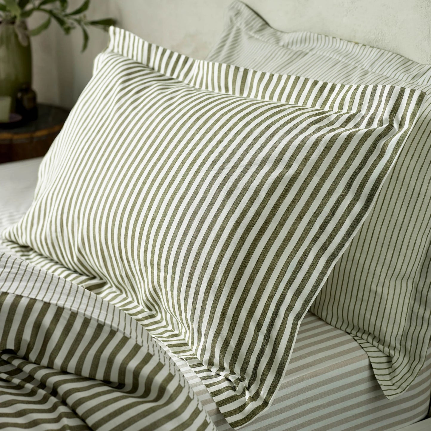 Hebden Mélange Stripe 100% Cotton Duvet Cover Set Olive - Contemporary Style and Everyday Comfort