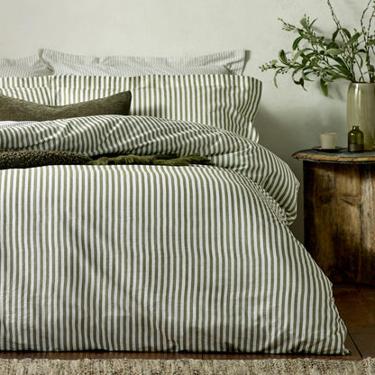 Hebden Mélange Stripe 100% Cotton Duvet Cover Set Olive - Contemporary Style and Everyday Comfort