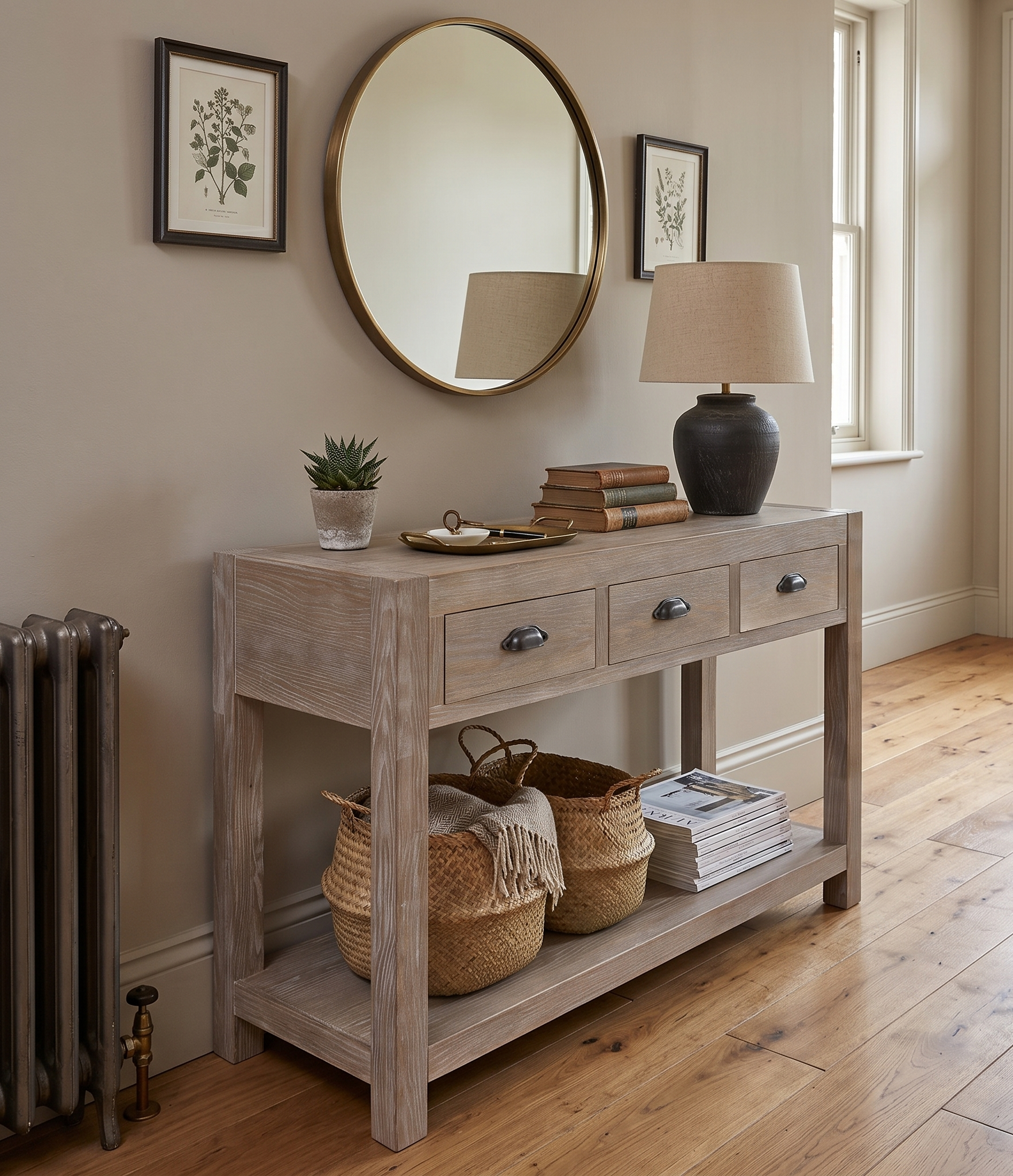 Wooden console table with decorative items in a room with a mirror and lamp.