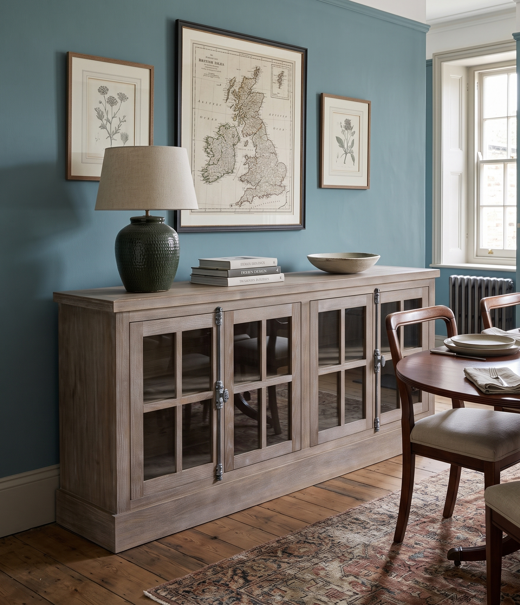 A rustic gray wood sideboard cabinet with glass-paneled doors stands in a dining room against a blue wall. The cabinet is styled with a table lamp, framed botanical prints, books, and a bowl, next to a wooden dining table and chairs.