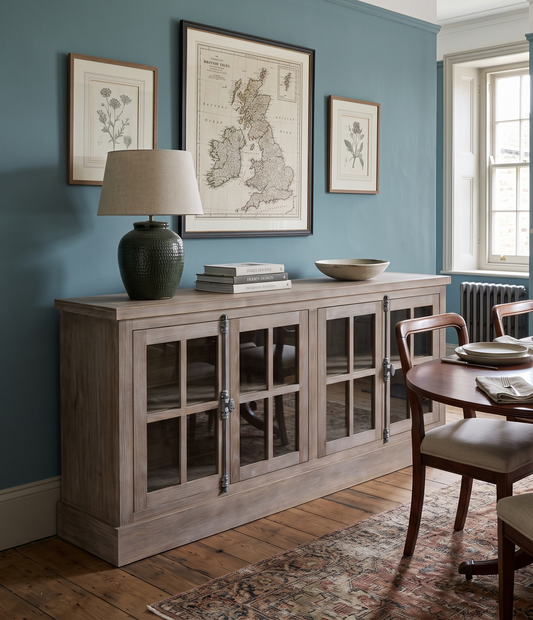 A rustic gray wood sideboard cabinet with glass-paneled doors stands in a dining room against a blue wall. The cabinet is styled with a table lamp, framed botanical prints, books, and a bowl, next to a wooden dining table and chairs.