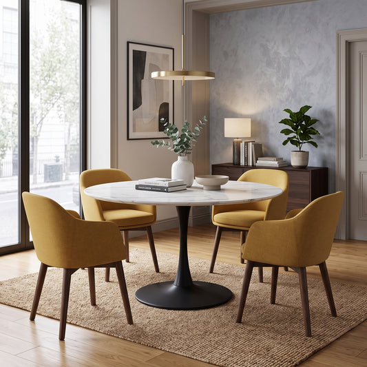 A round white marble dining table with a black pedestal base, surrounded by four mustard yellow upholstered chairs with dark wood legs, set on a woven jute rug in a modern dining room.