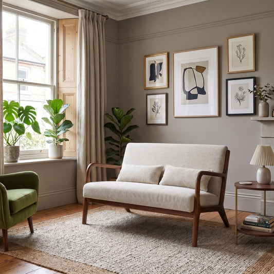 A mid-century modern loveseat with cream upholstery and a walnut wood frame, styled in a beautifully decorated living room with a green armchair, potted plants, framed wall art, and a fireplace.