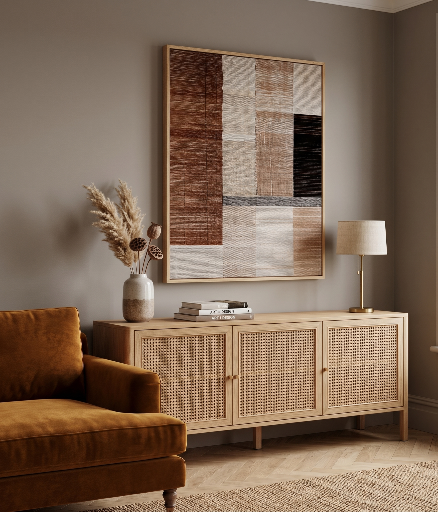 Living room with a brown armchair, wooden sideboard, and abstract wall art.