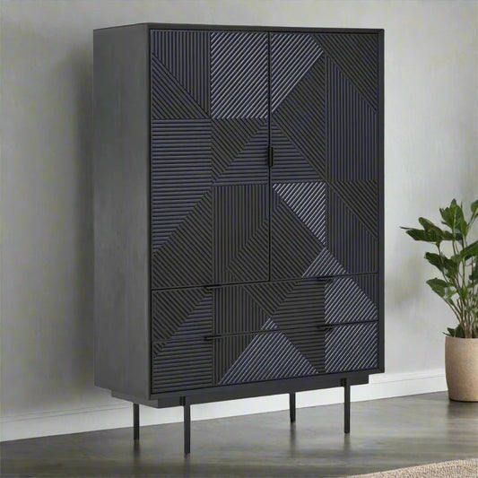 Shop the Obsidian Black Geometric Wooden Cabinet, a sophisticated blend of rustic charm and modern design. FREE UK Mainland Delivery Shop online today at www.nobleandnook.co.uk