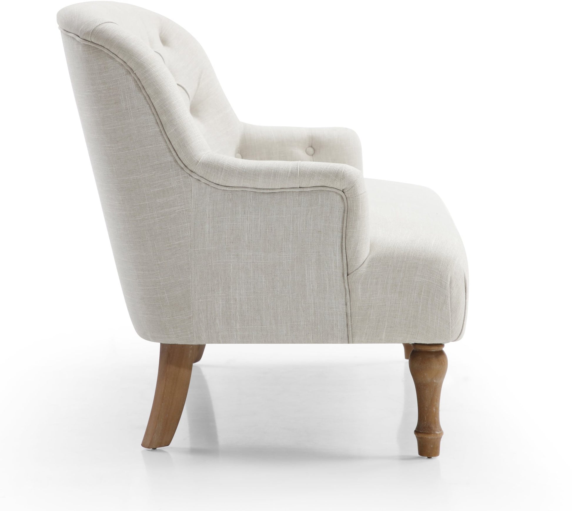 Shop the Bianca 2-Seater Chair, combining classic elegance with superior comfort. Featuring a plump seat, eye-catching tufted back, and traditional washed wooden legs. Shop online at www.nobleandnook.co.uk