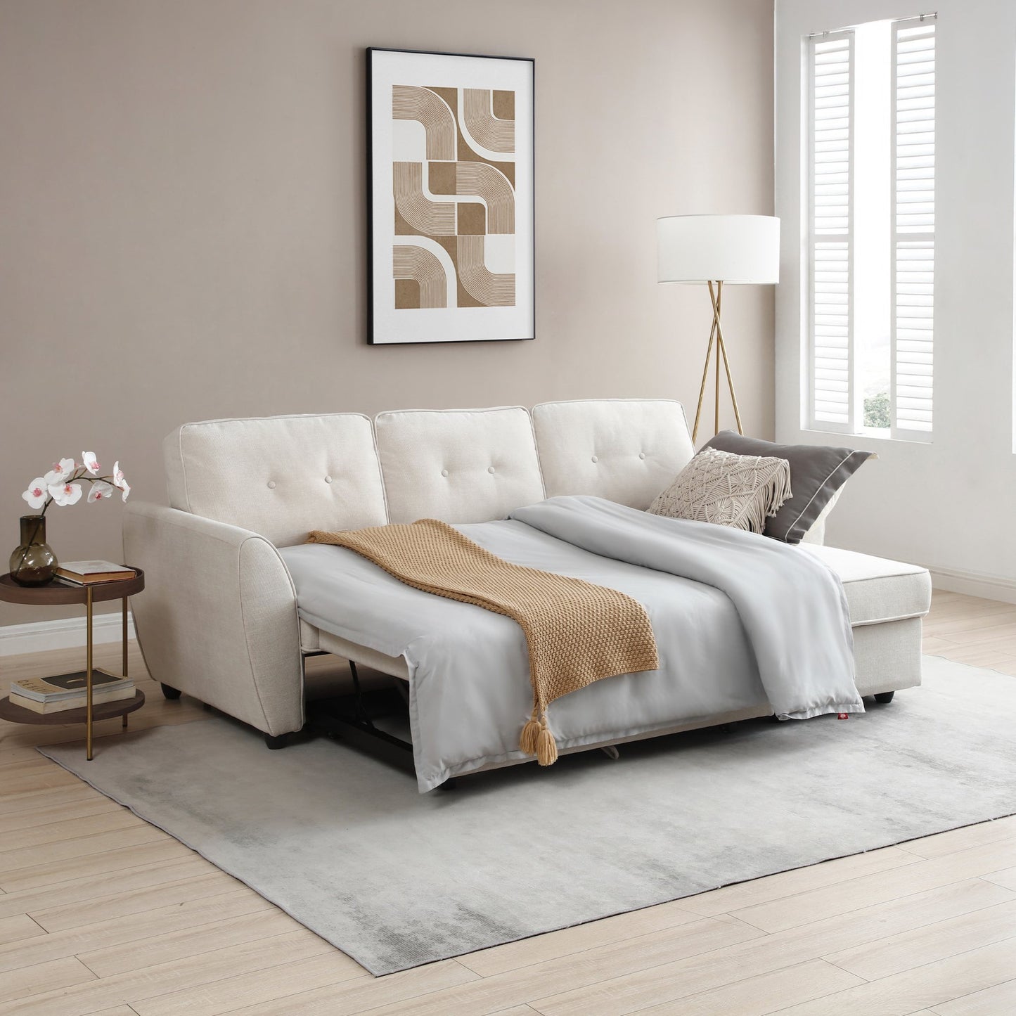 The Willow Corner Sofa Bed is upholstered in a stunning natural textured weave and transitions seamlessly from a spacious corner sofa to a comfortable bed. Shop online today at www.nobleandnook.co.uk