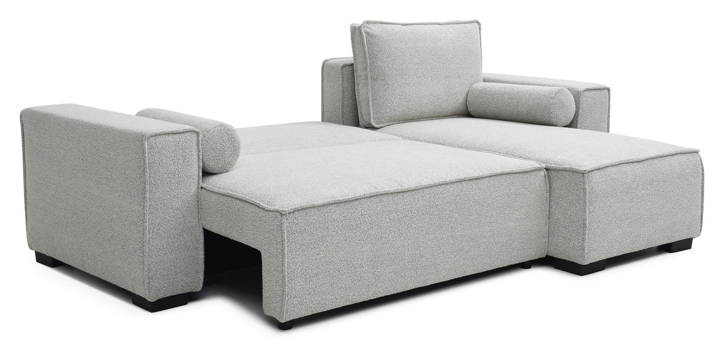 Shop the Harrison Corner Sofa Bed in a Natural Soft Boucle fabric, a versatile and stylish solution for modern homes. This corner sofa bed offers the perfect balance of comfort and practicality.Shop online today at www.nobleandnook.co.uk