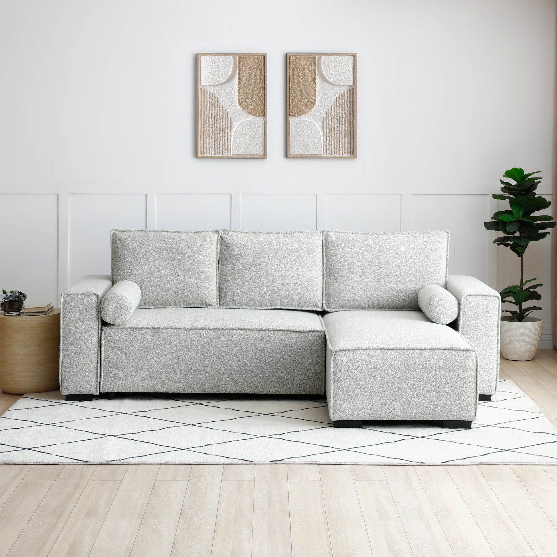 Shop the Harrison Corner Sofa Bed in a Natural Soft Boucle fabric, a versatile and stylish solution for modern homes. This corner sofa bed offers the perfect balance of comfort and practicality.Shop online today at www.nobleandnook.co.uk