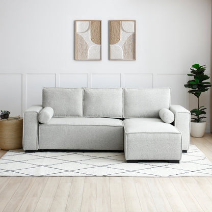 Shop the Harrison Corner Sofa Bed in a Natural Soft Boucle fabric, a versatile and stylish solution for modern homes. This corner sofa bed offers the perfect balance of comfort and practicality.Shop online today at www.nobleandnook.co.uk