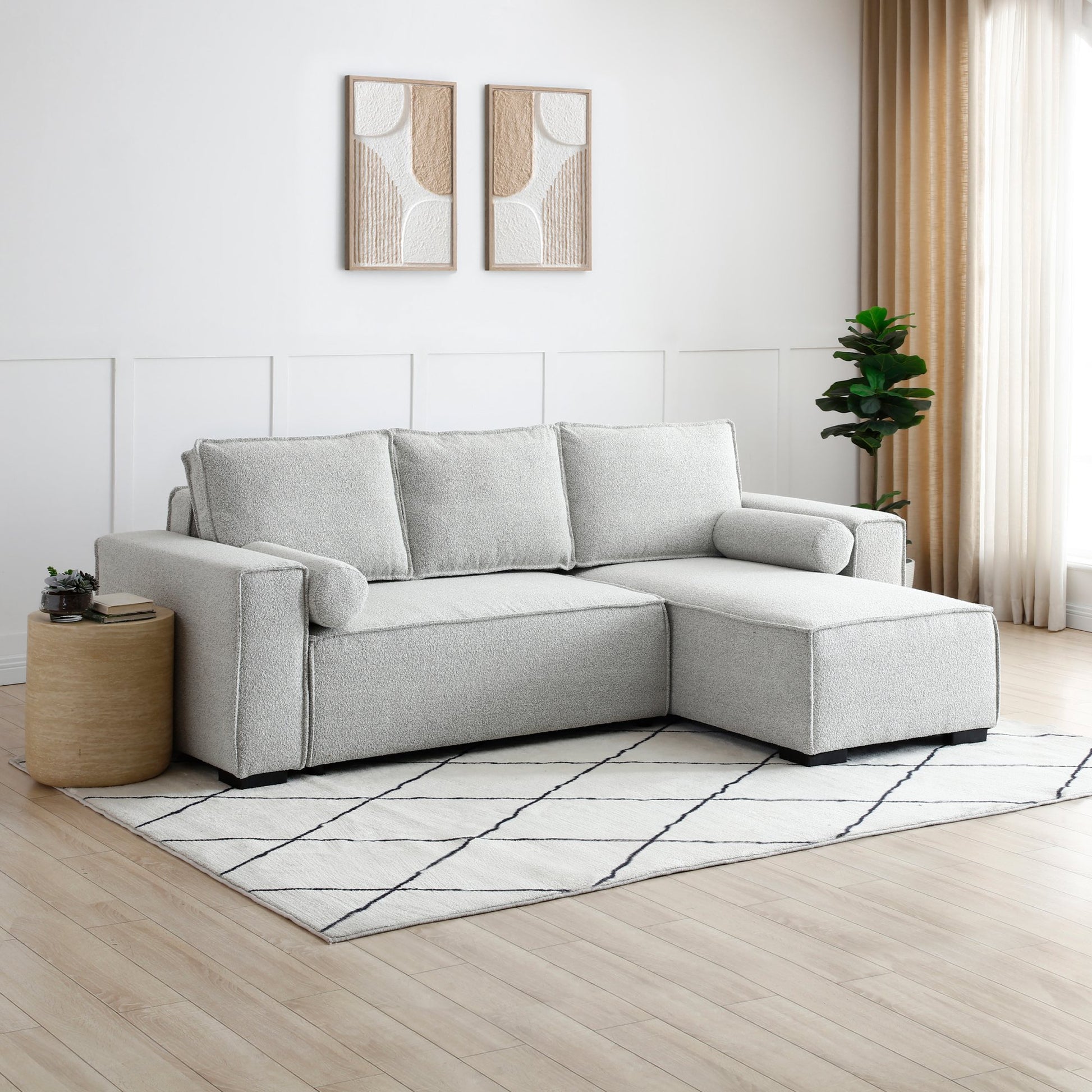 Shop the Harrison Corner Sofa Bed in a Natural Soft Boucle fabric, a versatile and stylish solution for modern homes. This corner sofa bed offers the perfect balance of comfort and practicality.Shop online today at www.nobleandnook.co.uk