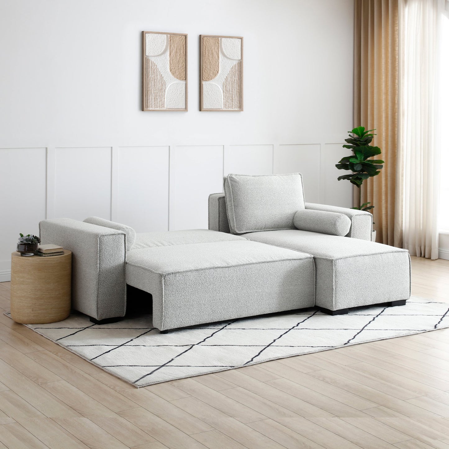 Shop the Harrison Corner Sofa Bed in a Natural Soft Boucle fabric, a versatile and stylish solution for modern homes. This corner sofa bed offers the perfect balance of comfort and practicality.Shop online today at www.nobleandnook.co.uk
