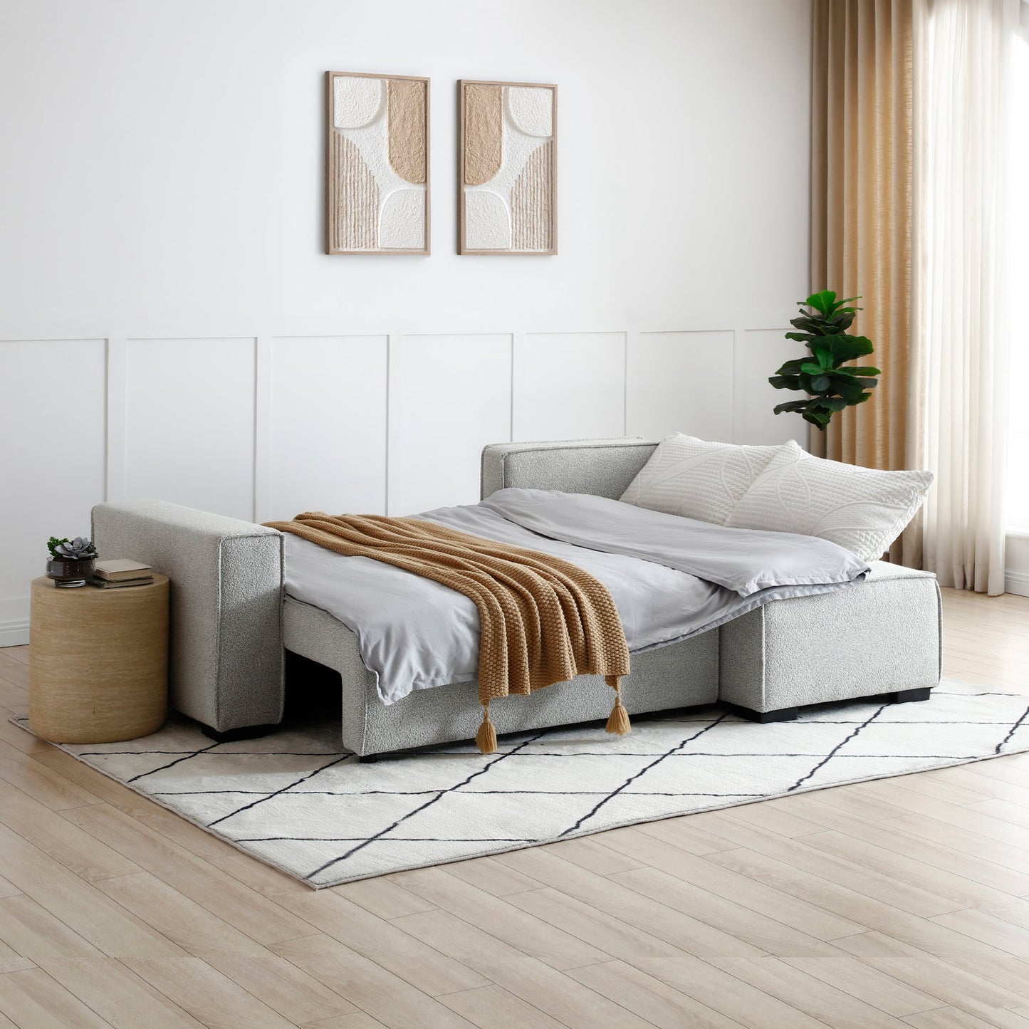 Shop the Harrison Corner Sofa Bed in a Natural Soft Boucle fabric, a versatile and stylish solution for modern homes. This corner sofa bed offers the perfect balance of comfort and practicality.Shop online today at www.nobleandnook.co.uk
