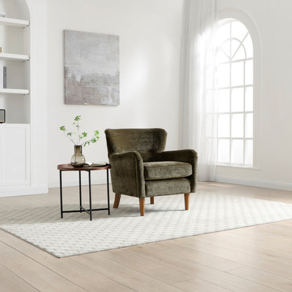 Wingback Inspired Design with an elegant silhouette with gently curved arms for a timeless look. Premium Upholstery, finished in rich Olive Luxe Chenille for a soft, luxurious feel. www.nobleandnook.co.uk